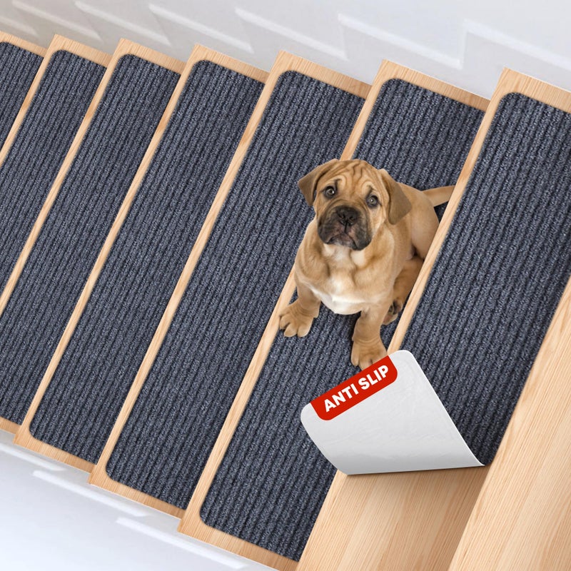 MBIGM 8" X 30" (15 in Pack) Non-Slip Carpet Stair Treads Non-Skid Safety Rug Slip Resistant Indoor Runner for Kids Elders & Pets with Reusable Adhesive - Gray - Carpet Pads for Stairs - Image 1